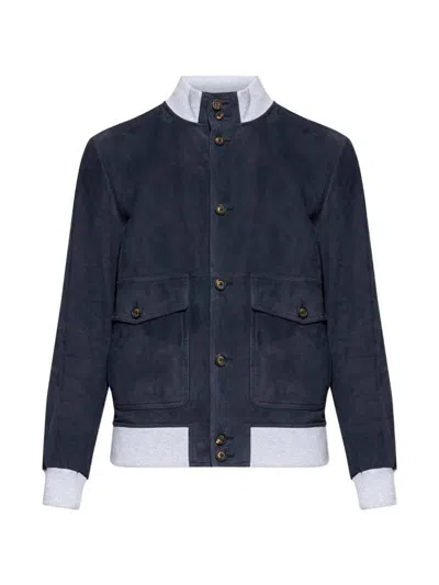 Eleventy Leather Jacket Chest Pockets Front Ribbed Hem In Multi