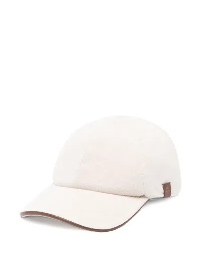 Eleventy Leather-trimmed Wool Cap Hat In White