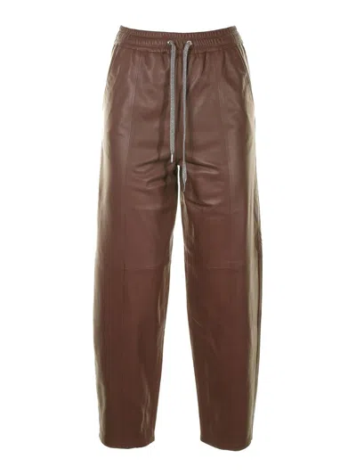 Eleventy Leather Trousers In Brown