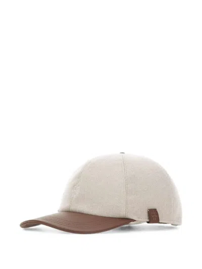 Eleventy Leather-brim Wool Baseball Cap In Neutrals