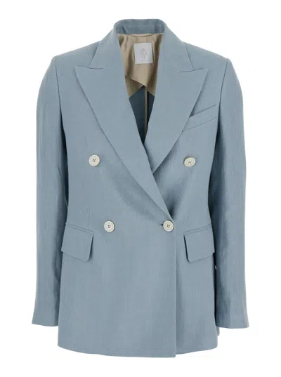Eleventy Light Blue Double-breasted Jacket With Peak Lapels In Linen Woman