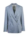 Eleventy Light Blue Double-breasted Linen Wool Jacket In Multi