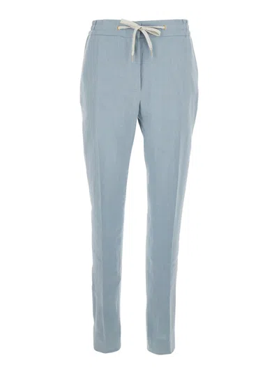 Eleventy Light Blue Drawstring Waist Pants In Linen Woman