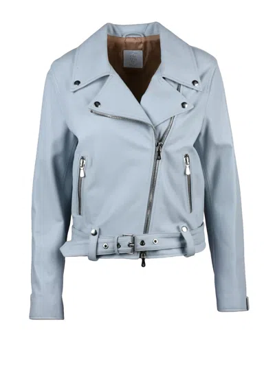 Eleventy Light Blue Leather Biker Jacket In Multi
