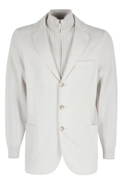 Eleventy Light Grey Removable Bib Ribbed Wool Jacket In White