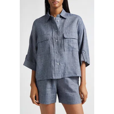 Eleventy Linen Blend Button-up Shirt In Blue