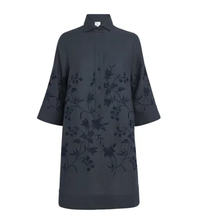 Eleventy Linen Embroidered Mini Shirt Dress In Blue