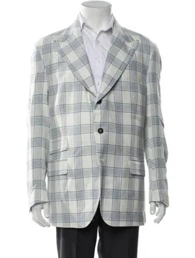 Pre-owned Eleventy Linen Plaid Print Blazer In Blue