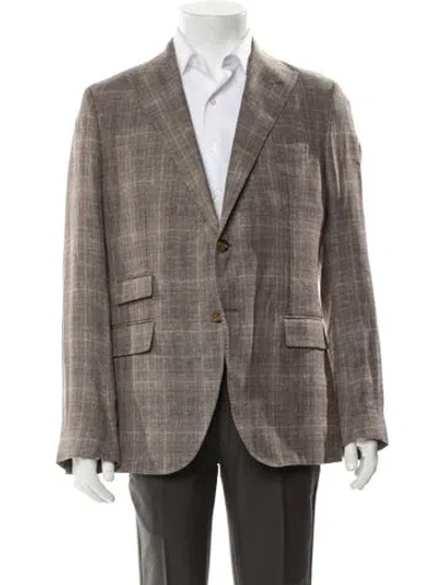 Pre-owned Eleventy Linen Plaid Print Blazer In Gray