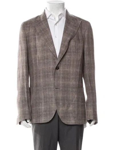 Pre-owned Eleventy Linen Plaid Print Peacoat In Brown