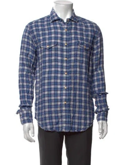 Pre-owned Eleventy Linen Plaid Print Shirt In Blue