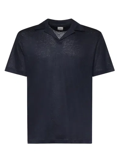 Eleventy Open Collar Linen Polo Shirt In Blue