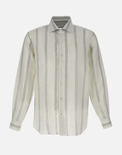 Eleventy Linen Vertical Striped Shirt In White Grey