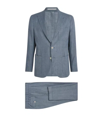 Eleventy Linen-wool-silk Soft Pocket Patch Jacket In Blue
