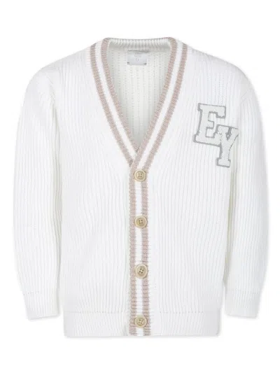 Eleventy Kids' Logo-appliqué Cotton-knit Cardigan In Weiss