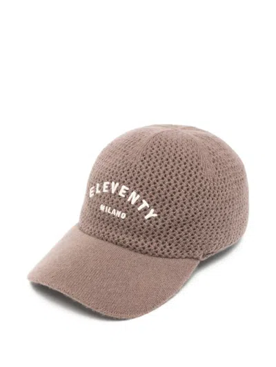 Eleventy Logo-embroidered Cashmere-wool Cap In Brown