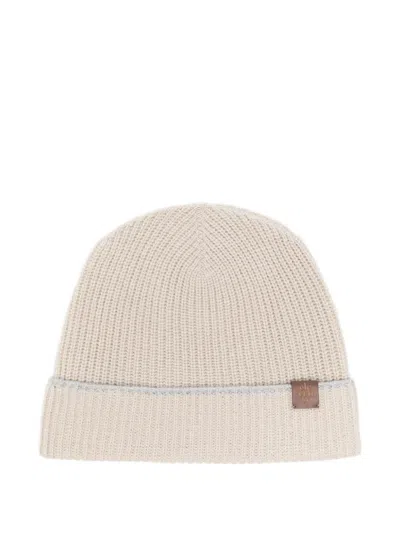 Eleventy Logo-patch Ribbed-knit Beanie Hat In Neutral