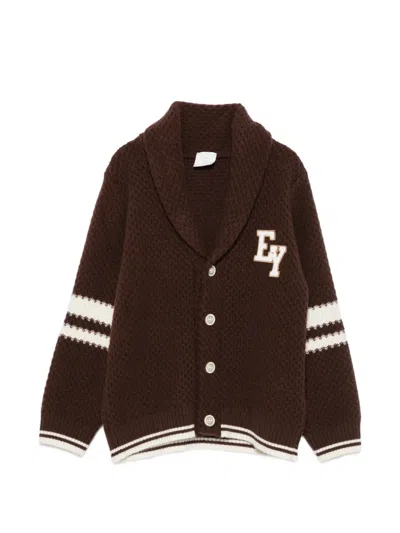 Eleventy Kids' Logo-patch Shawl-collar Cardigan In Brown