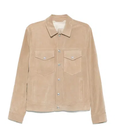 Eleventy Long Sleeve Leather Jacket In Neutral