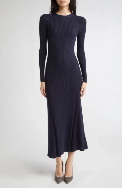 Eleventy Long Sleeve Wool & Silk Rib Sweater Dress In Blue