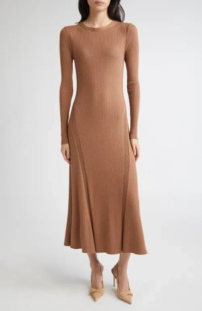 Eleventy Long Sleeve Wool & Silk Rib Sweater Dress In Brown
