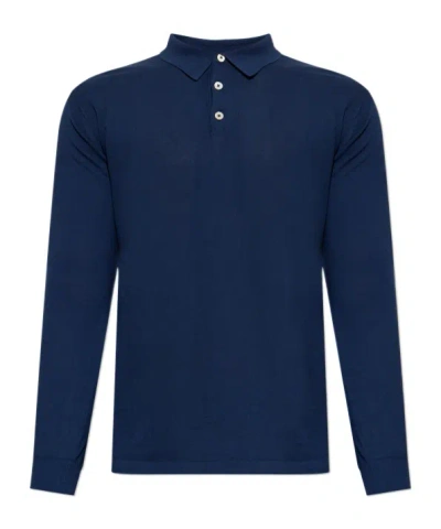 Eleventy Buttoned Long-sleeved Polo Shirt In Blue
