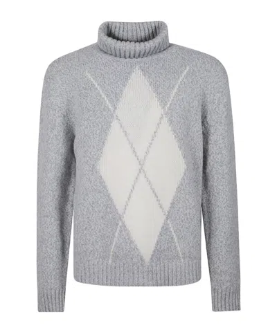 Eleventy Heathered Grey Sweater With Argyle Pattern In White