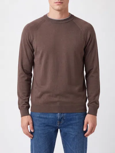 Eleventy Long-sleeved Crewneck Jumper In Pure Wool With Ribbed Trims In Brown