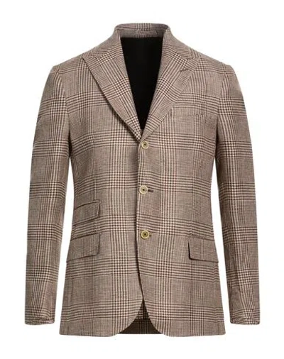 Eleventy Man Blazer Brown Size 40 Linen, Wool, Silk