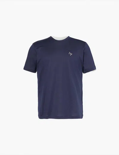 Eleventy Mens Blu E Grigio Perla Logo-embroidered Regular-fit Short-sleeve Cotton-jersey T-shirt