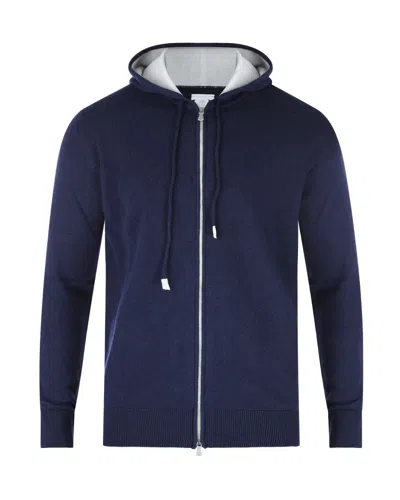 Eleventy Hooded Cashmere Zip-up Sweatshirt With Ribbed Trims In Blue