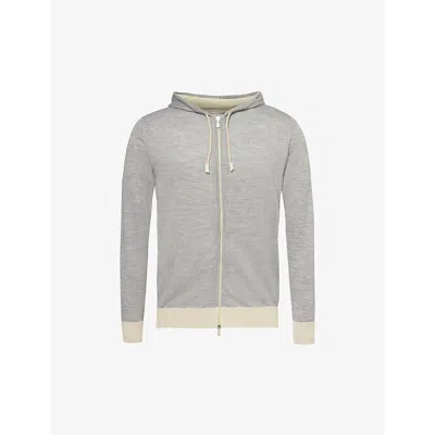 Eleventy Mens Grey And Sand Relaxed-fit Contrast-trim Wool And Silk-blend Knit Hoody