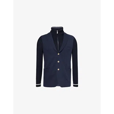 Eleventy Mens Blu Blu E Bianco Contrast-knit Single-breasted Stretch-cotton Piqué Blend Blazer In Blu, Blu E Bianco