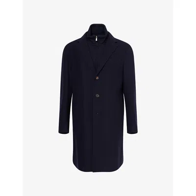 Eleventy Mens Blue Bib Notched-collar Wool Overcoat