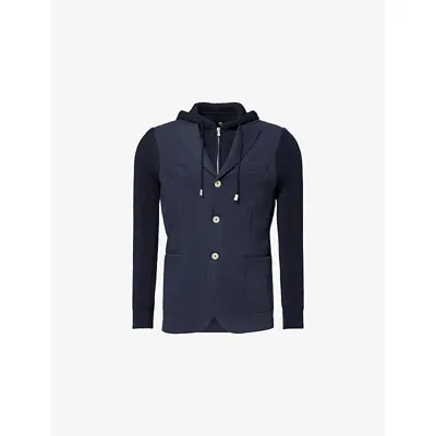 Eleventy Mens Blue Blue Contrast-knit Hooded Cotton-blend Jacket