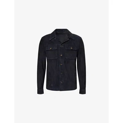 Eleventy Mens Blue Classic Notched-collar Suede Shirt