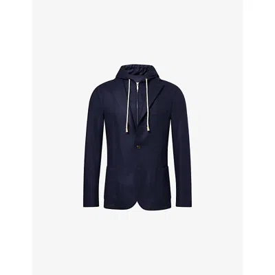 Eleventy Mens Blue Detachable-hood Notched-collar Wool-blend Jacket