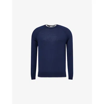 Eleventy Mens Contrast-trims Crewneck Wool Jumper Blue / Light Gray Xl