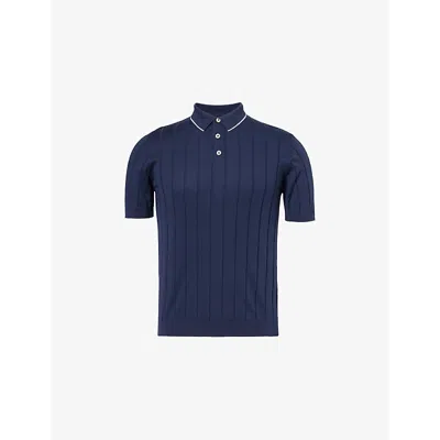 Eleventy Mens  Stripe-trim Ribbed Cotton Polo Shirt In Blue, White