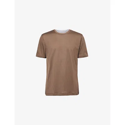 Eleventy Mens Cacao E Grigio Chiaro Double-layered Crewneck Cotton T-shirt