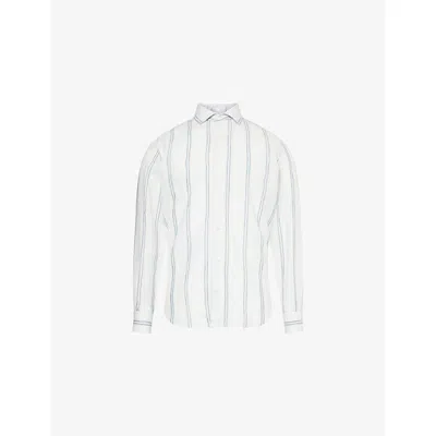 Eleventy Mens Classic-collar Striped Linen Shirt White And Denim