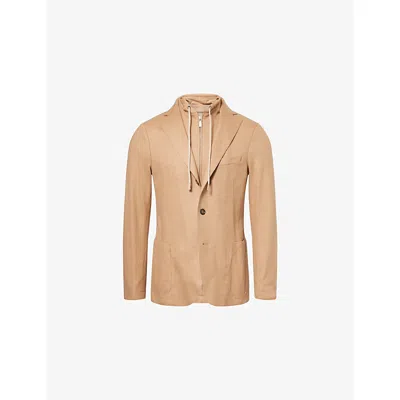 Eleventy Mens Dark Camel Detachable-hood Notched-collar Wool-blend Jacket In Brown