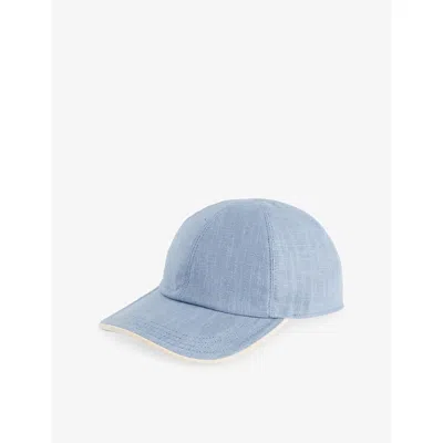 Eleventy Mens Denim And Sand Suede-trim Linen-blend Cap