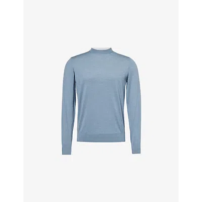 Eleventy Mens Stripe-trim Knitted Wool And Silk-blend Jumper Denim E Grigio Chiaro