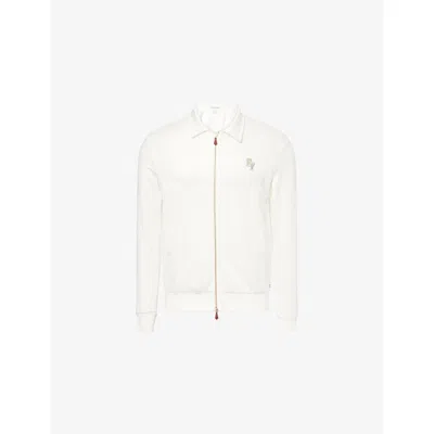 Eleventy Mens Embroidered-logo Pointed-collar Cotton-jersey Sweat Jacket Ivory In White