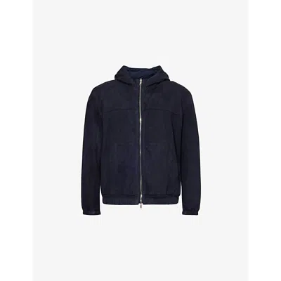 Eleventy Mens  Hooded Two-buttoned-pockets Regular-fit Leather Jacket In Blue, Blue