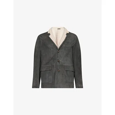 Eleventy Mens Notched-collar Long-sleeve Suede Jacket Black In Green