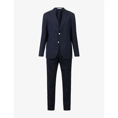 Eleventy Mens Blue Single-breasted Drawstring-trouser Linen-blend Suit