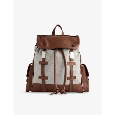 Eleventy Mens Light Gray And Camel Soft Leather And Wool-blend Backpack