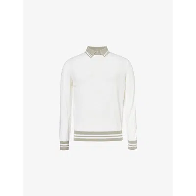 Eleventy Mens  Stripe-trim Knitted Cashmere Polo Jumper In Bianco, Salvia, Bianco